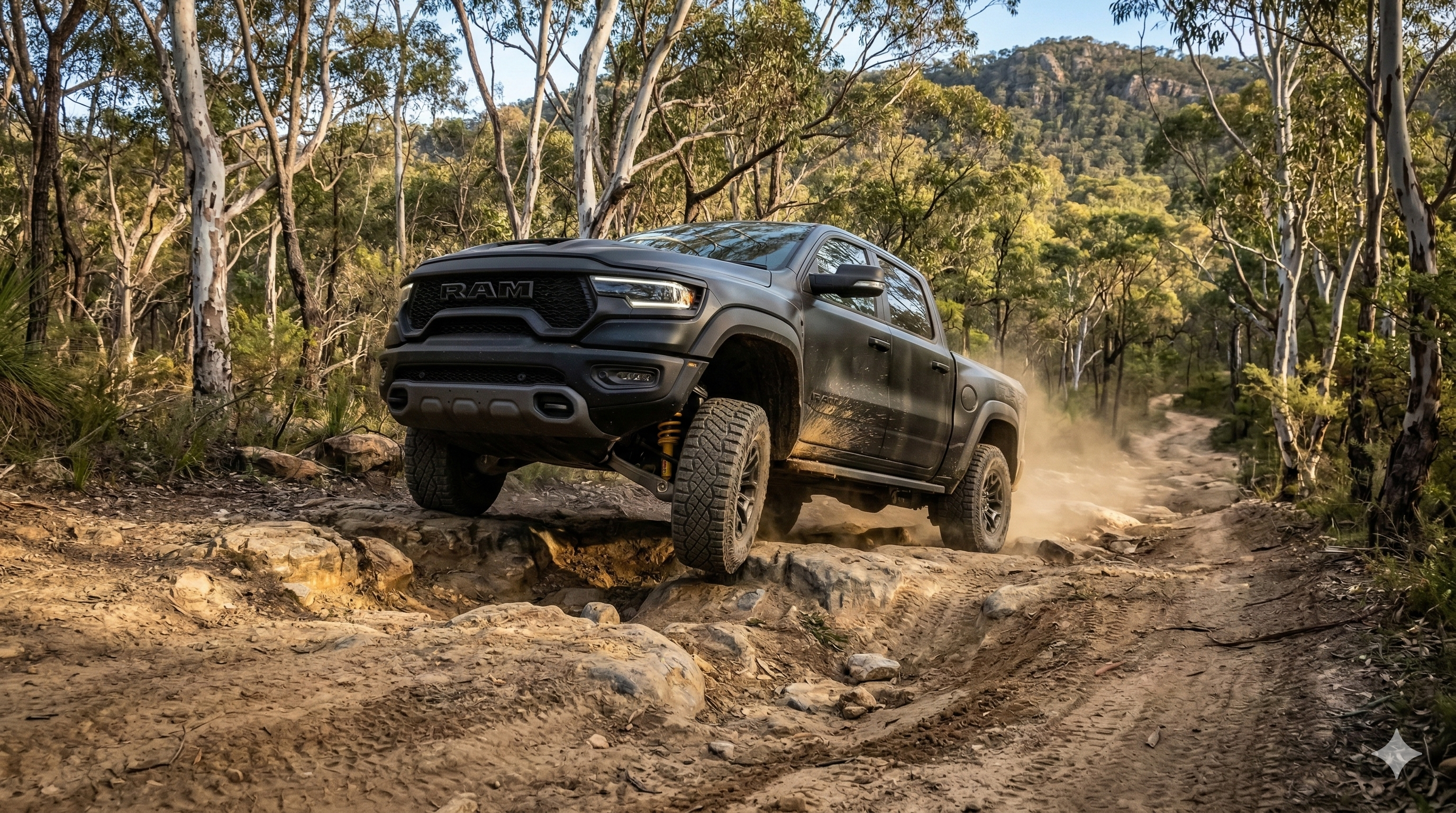 RAM TRX with Tough Dog suspension navigating Australian bushland 4WD trail